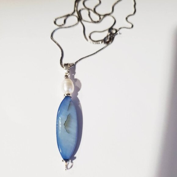 NEW BLUE AGATE PEARL 925 STERLING SILVER PENDANT NECKLACE 18" - Picture 3 of 5